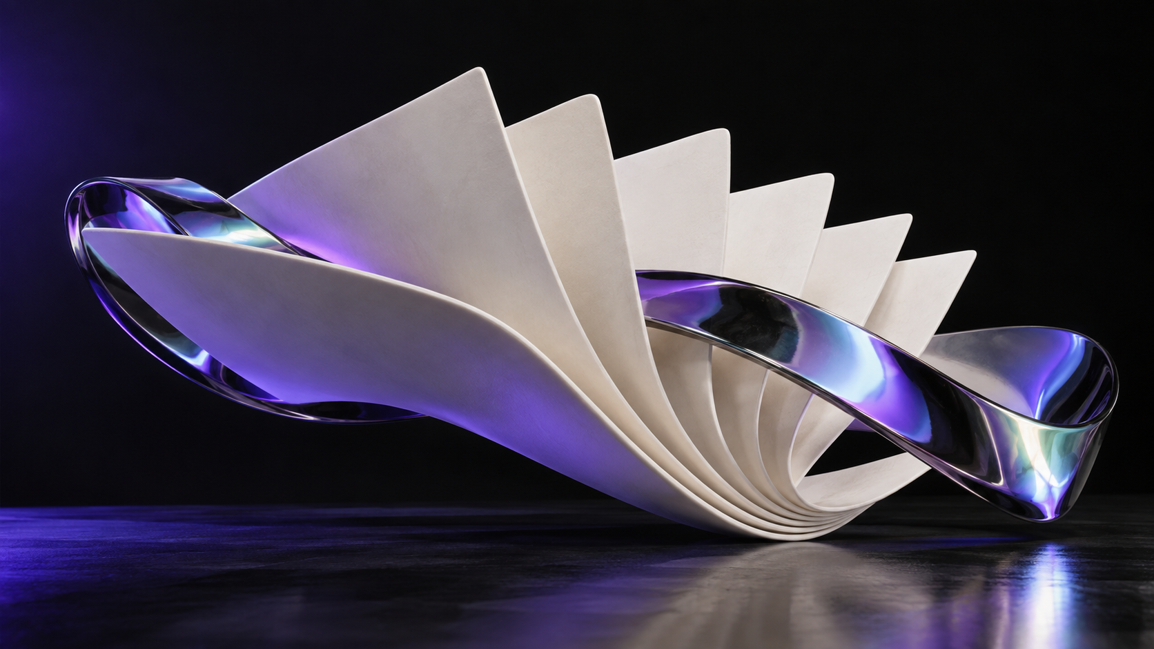 Organized white folded sculptural planes connected by a chrome ribbon