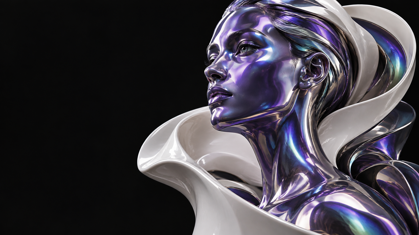 Iridescent chrome human sculpture surrounded by a flowing white ceramic form