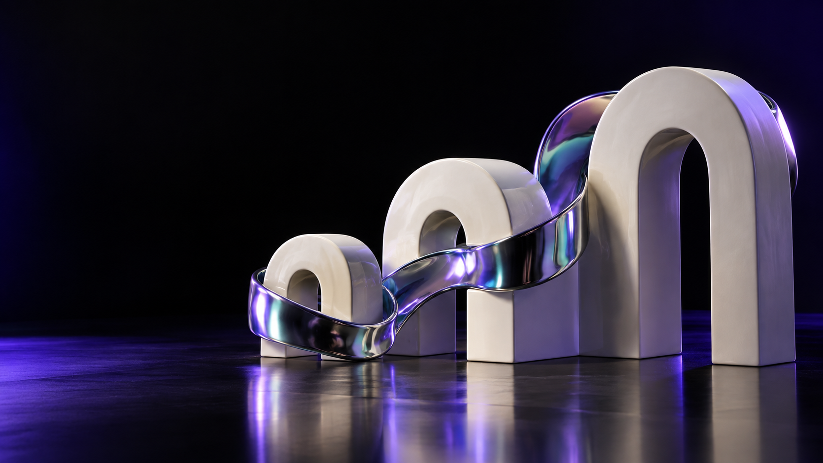 Continuous chrome band connecting a sequence of white ceramic arches