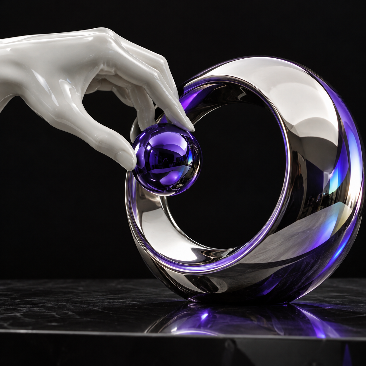 Software Adoption Support represented by a chrome and white ceramic sculpture